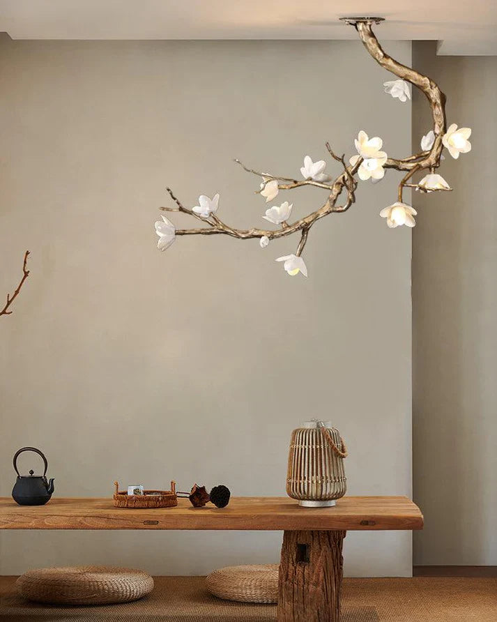 Magnolia Branch & Brass Floral Chandelier