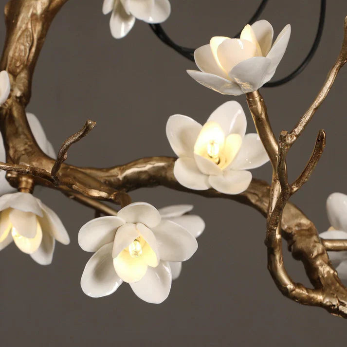 Magnolia Branch & Brass Floral Chandelier