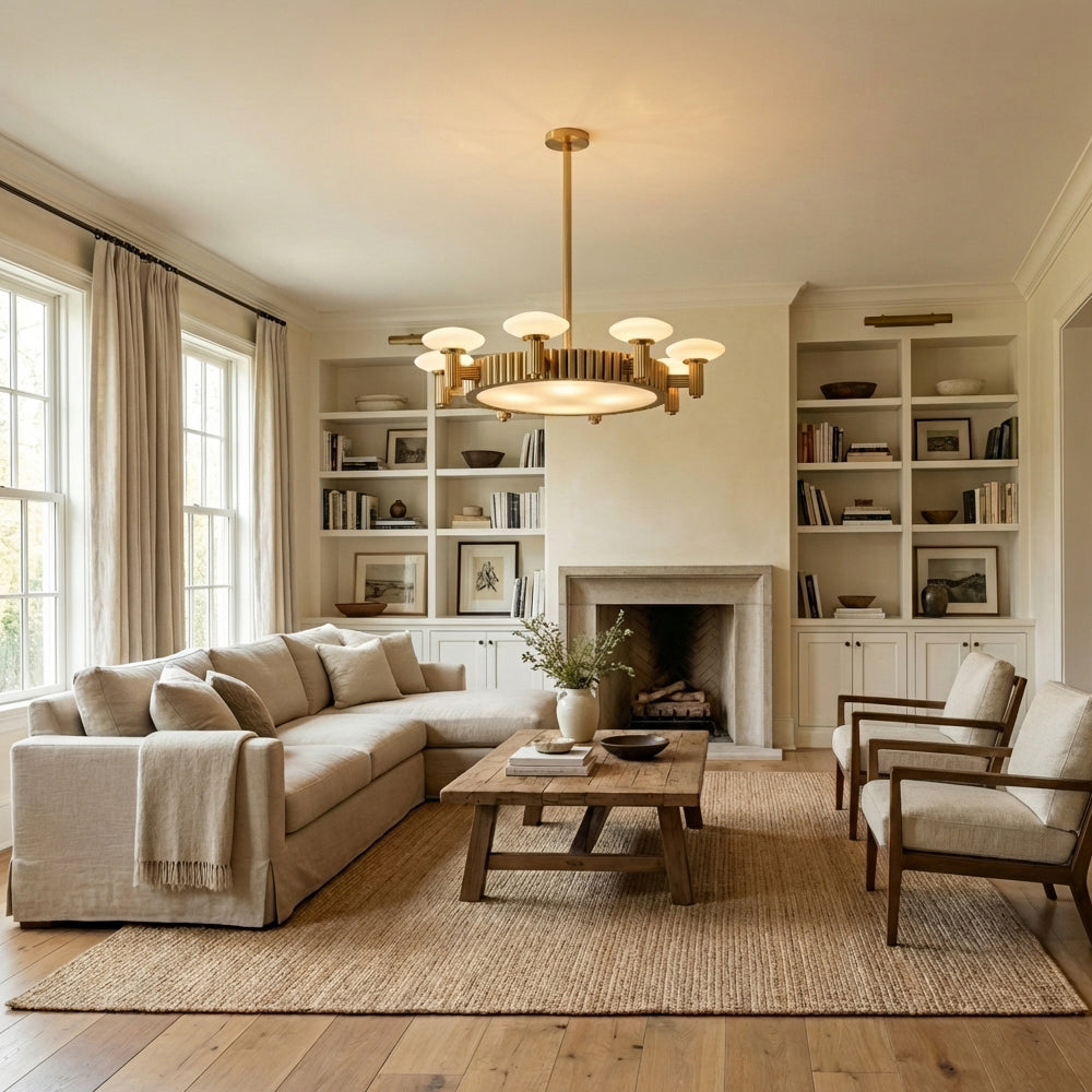 Merlyn Ribbed Brass Opal Glass Chandelier