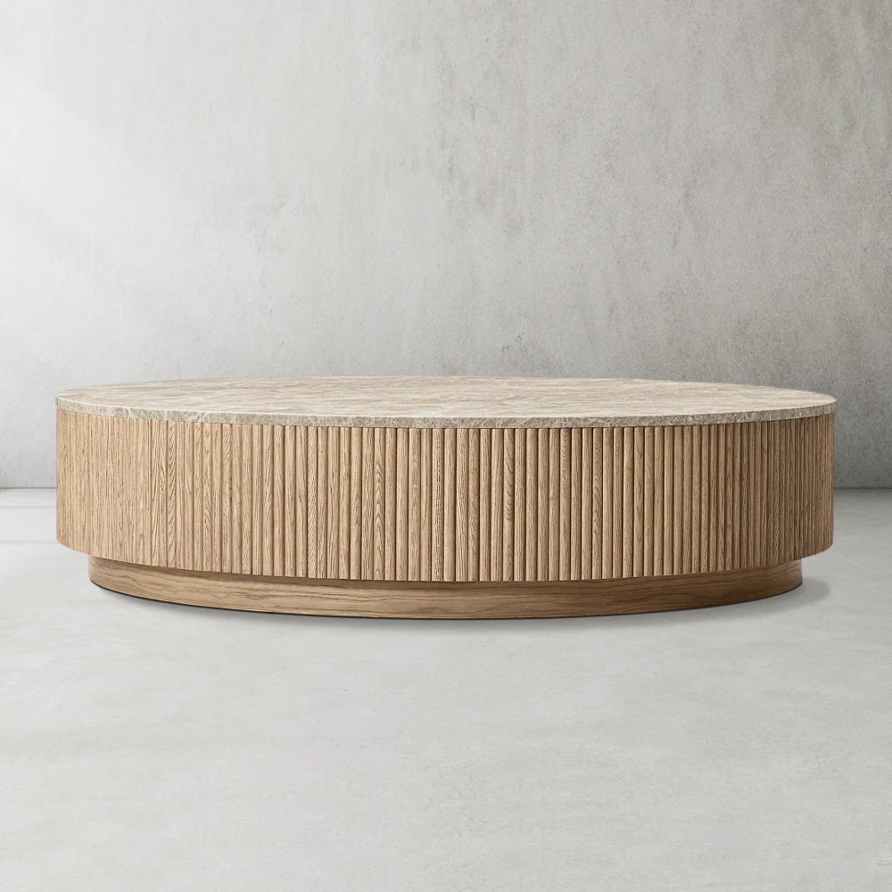 Mulhollan Oak Wood & Stone Round Coffee Table