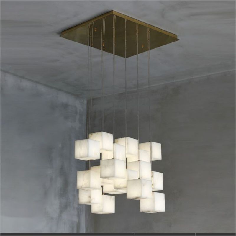 Alabaster Cube Foyer Staircase Long Chandelier - thebelacan
