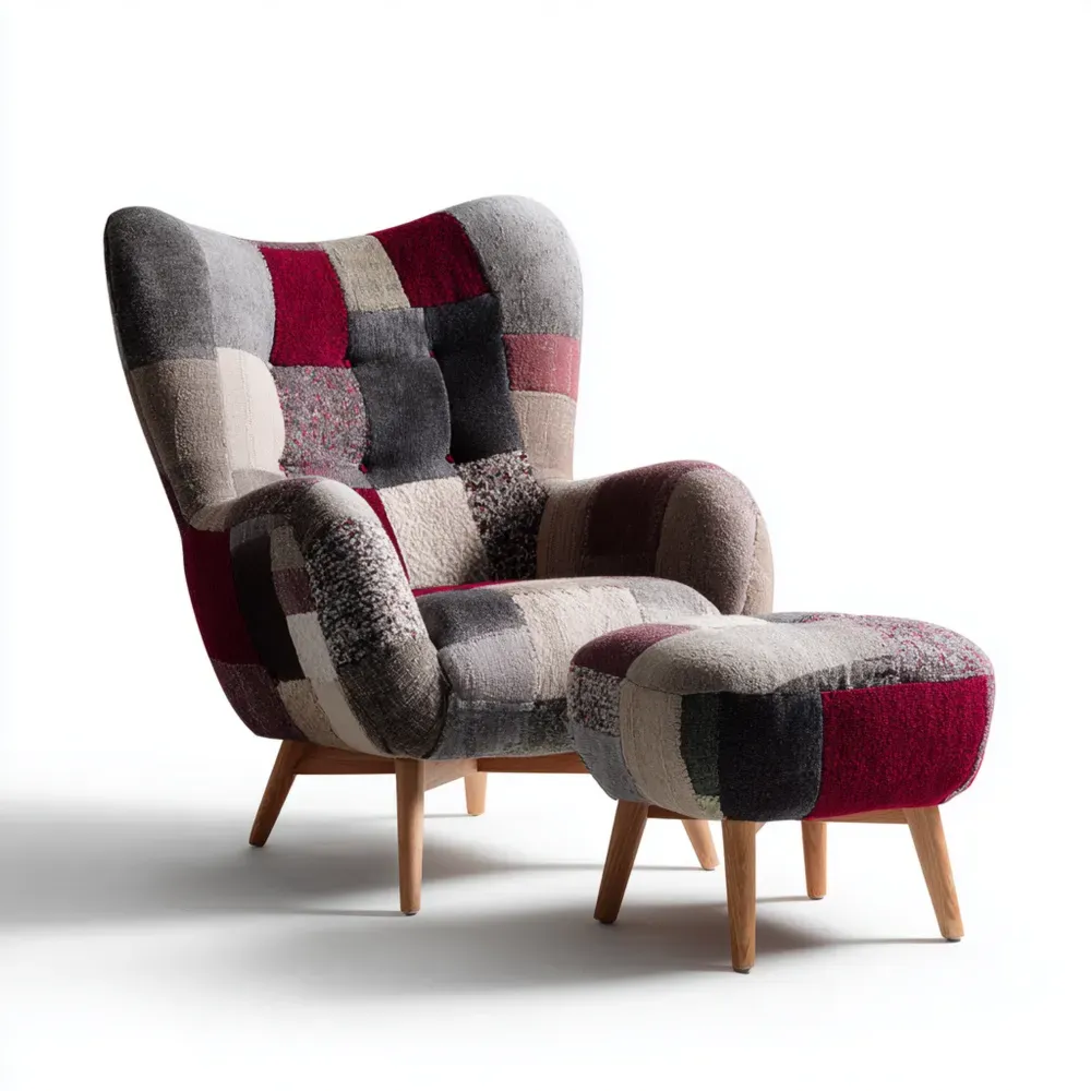 Fauteuil de détente Patchwork 75x80x100 cm - Tissu Multicolore - Design moderne avec repose-pied