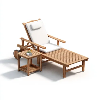 Chaise longue en bois d'acacia 200x65x35 cm avec coussin – Naturel/Blanc – Design ergonomique