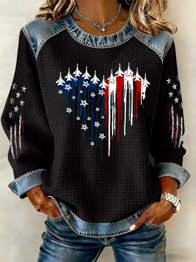 Women's casual retro national flag-themed waffle-knit sweatshirt