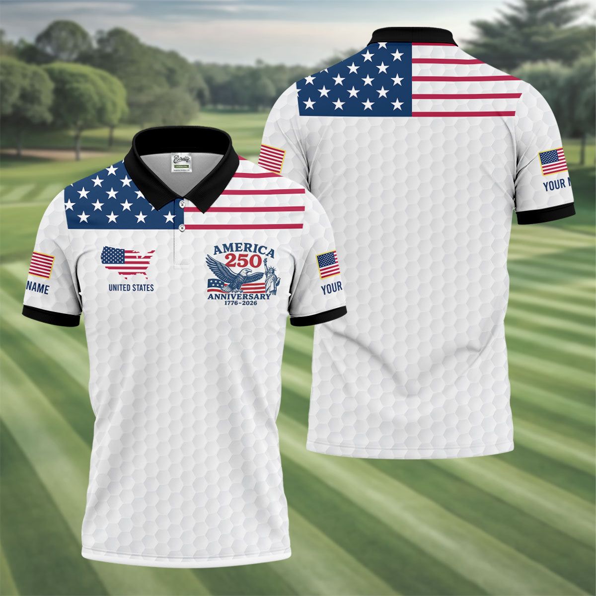 America 250 Anniversary 1776-2026 Golf Ball Pattern Patriotic Golf Shirt, Golf Tops For Men, Golf Shirts For Men