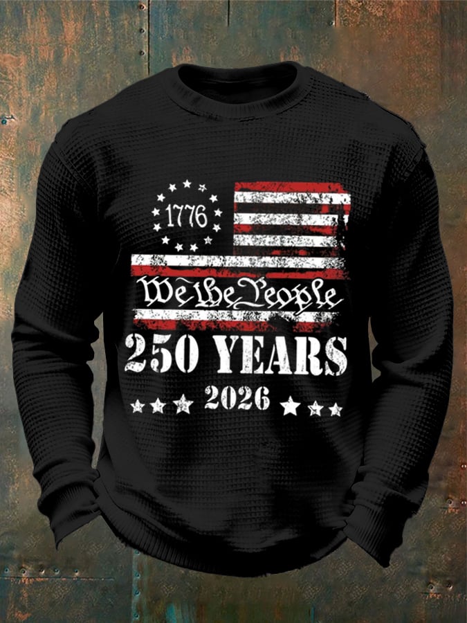 Men's 250th America Anniversary Casual Printed Waffle Fabric Long-Sleeved T-Shirt
