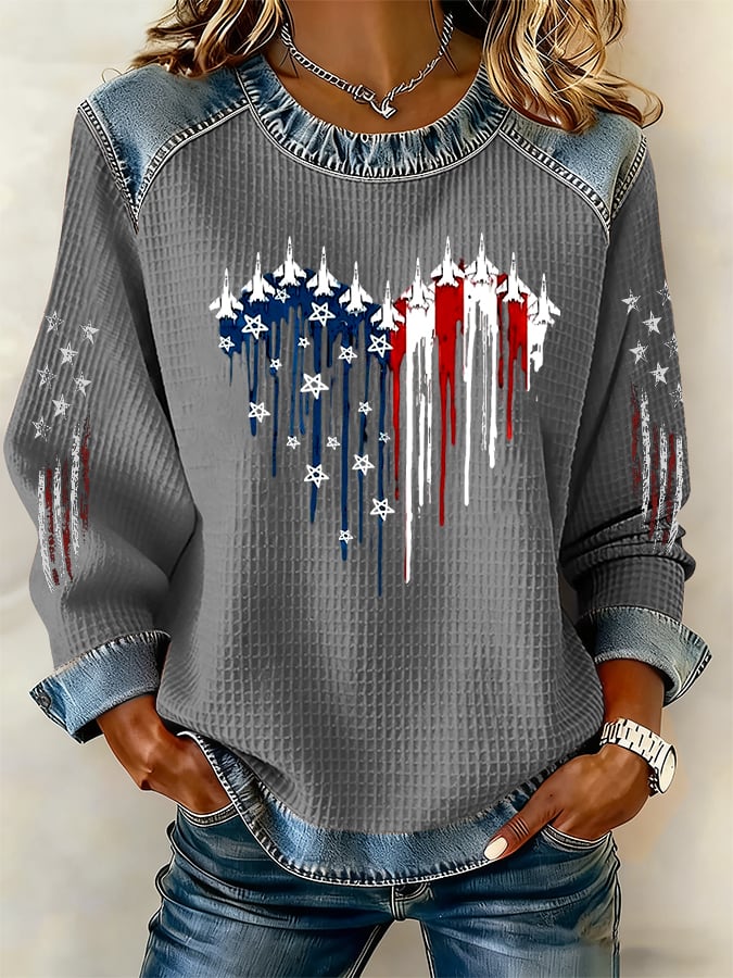 Women's casual retro national flag-themed waffle-knit sweatshirt