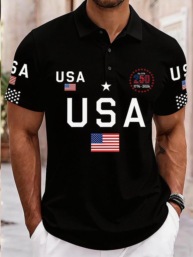 Men's Casual American 250th Anniversary Print Polo Shirt