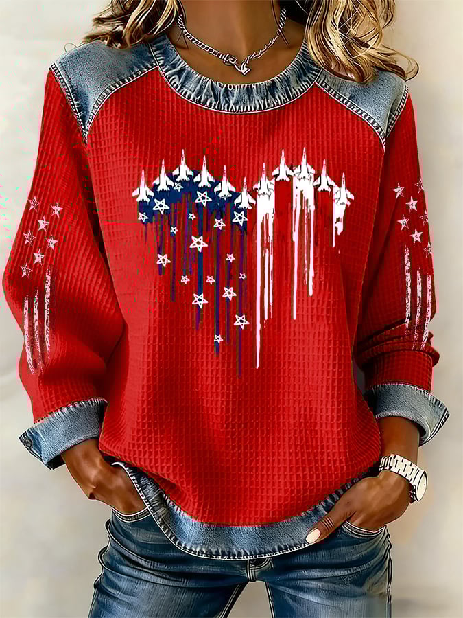 Women's casual retro national flag-themed waffle-knit sweatshirt