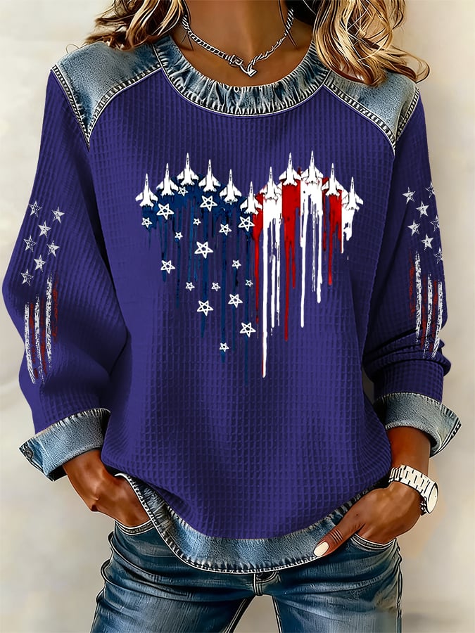 Women's casual retro national flag-themed waffle-knit sweatshirt
