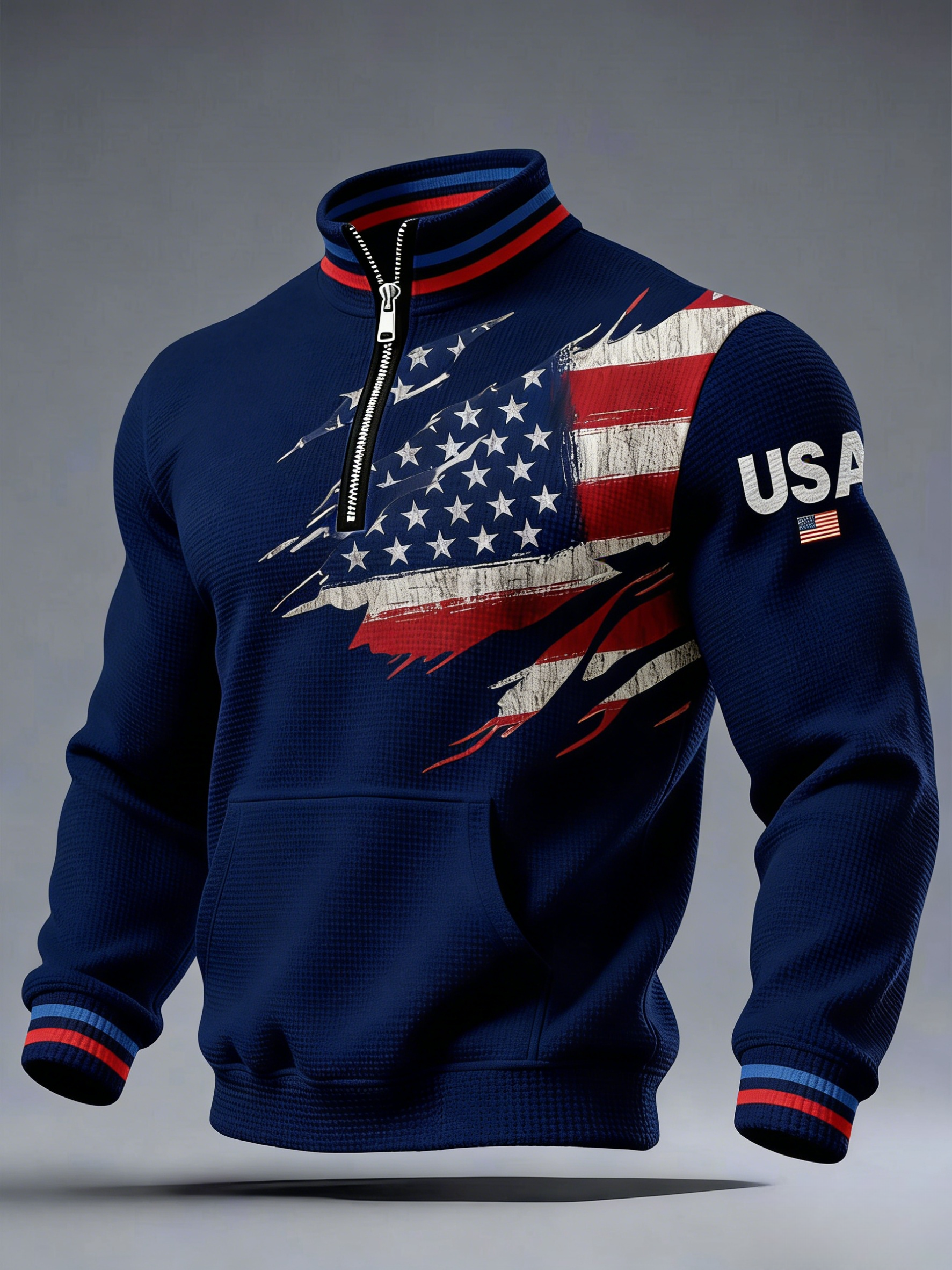 Anniversary Casual Printed Stand Collar Zip Waffle Sweatshirt