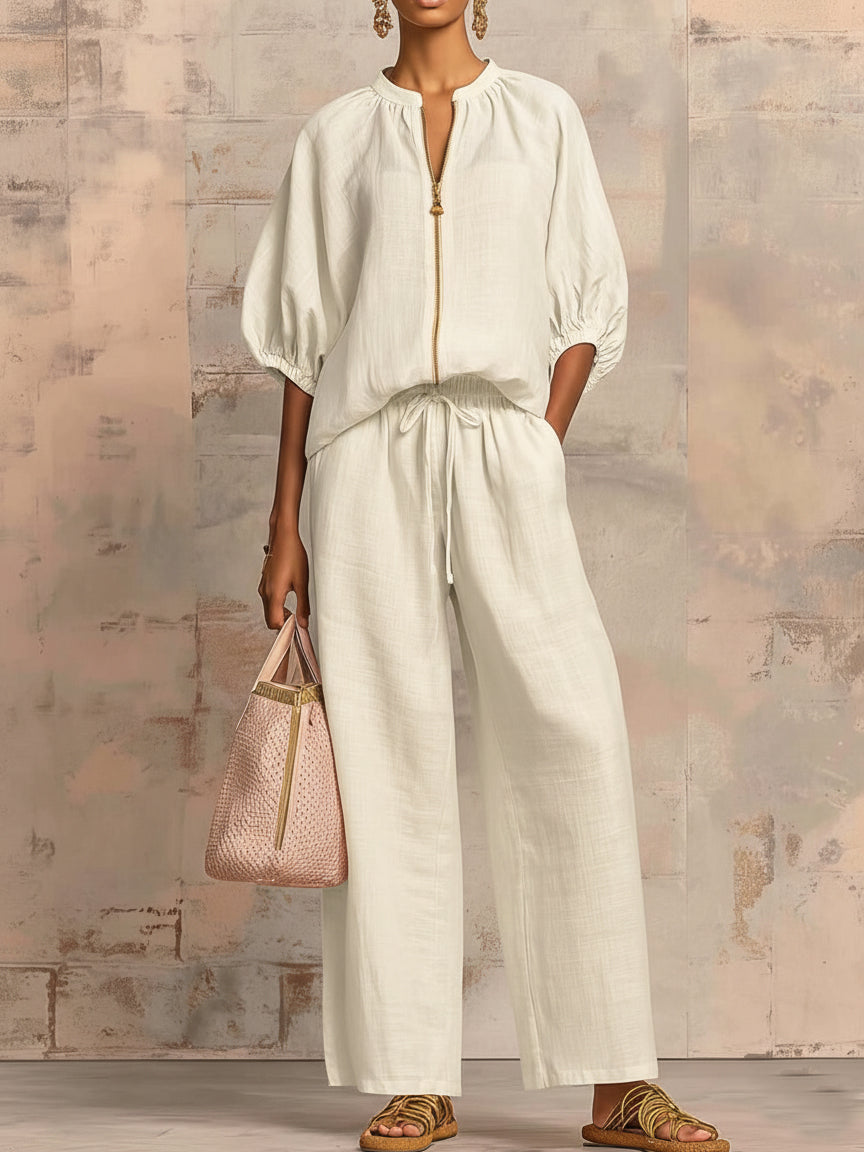 New Arrivals🔥 Stylish Cozy Zipper Shirt & Wide-Leg Pants Linen Cotton Two-Piece Set