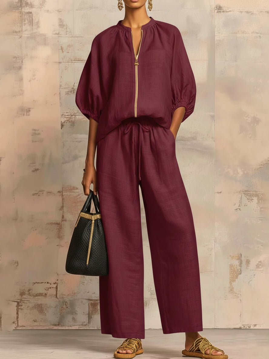 New Arrivals🔥 Stylish Cozy Zipper Shirt & Wide-Leg Pants Linen Cotton Two-Piece Set