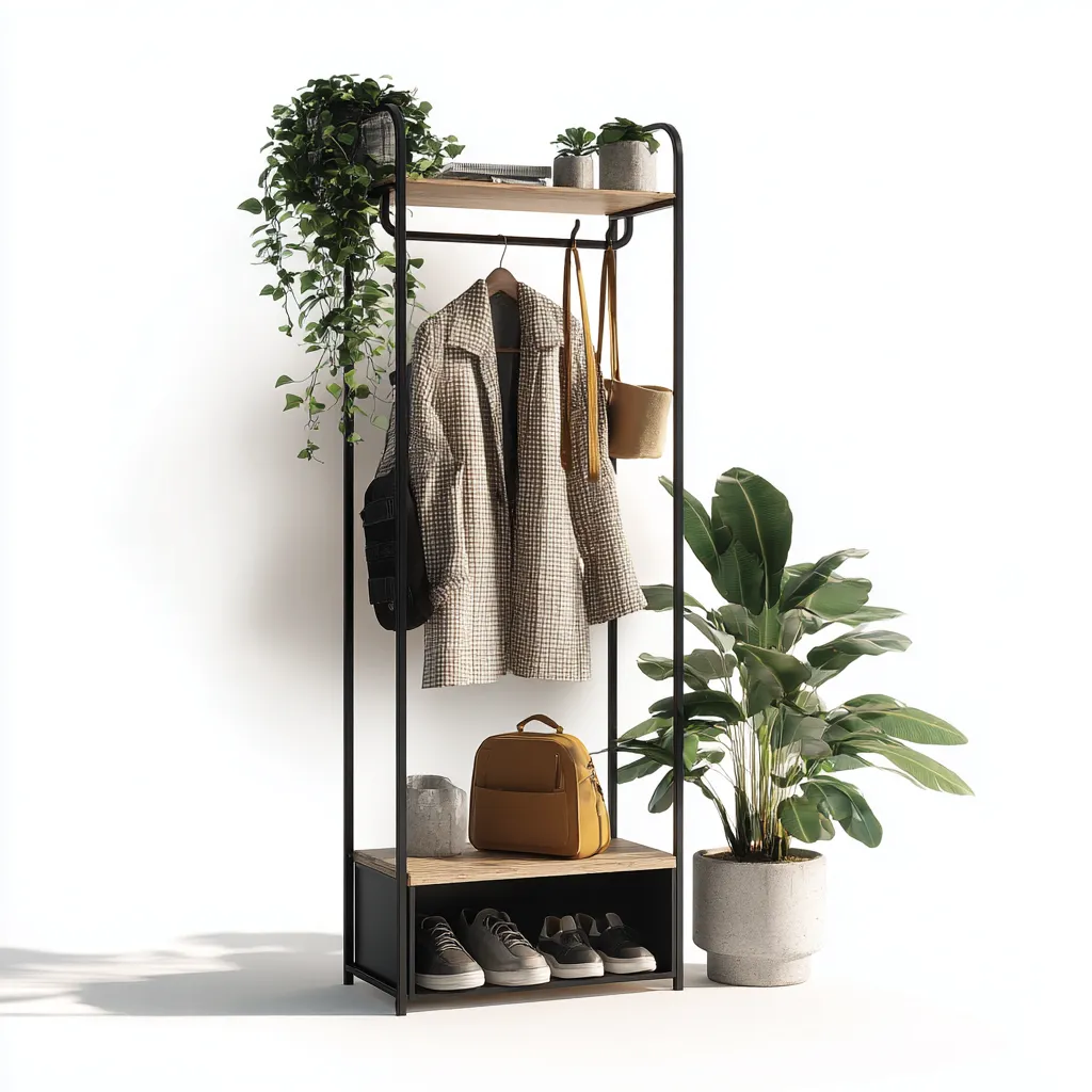 Porte manteau - métal-bois - 78x38x176 cm - noir-bois naturel - design multifonction-Nestupbase