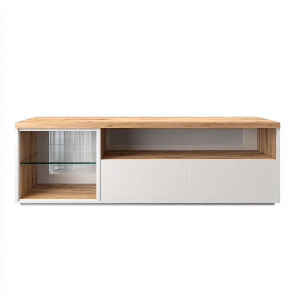 Meuble TV - MDF-verre-bois - 155x40x52 cm - Blanc-Chêne - Style moderne-Nestupbase