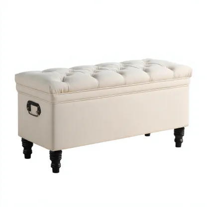 Banc d'entrée-tissu lin-bois-90x40x48 cm-Beige-Style classique avec rangement-Nestupbase