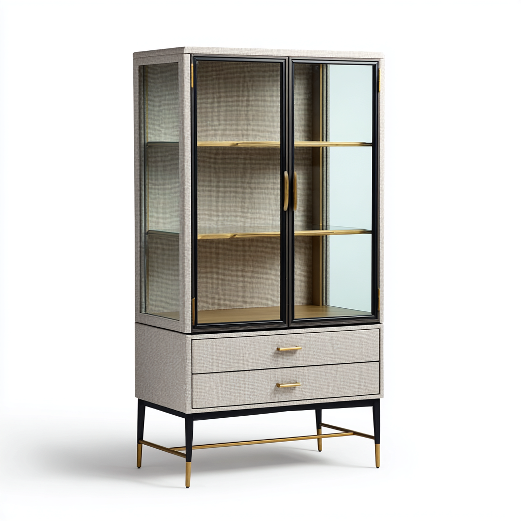 Vitrine-métal-bois-verre-88x45x180 cm-Gris clair-Noir-Or-Style moderne-Nestupbase