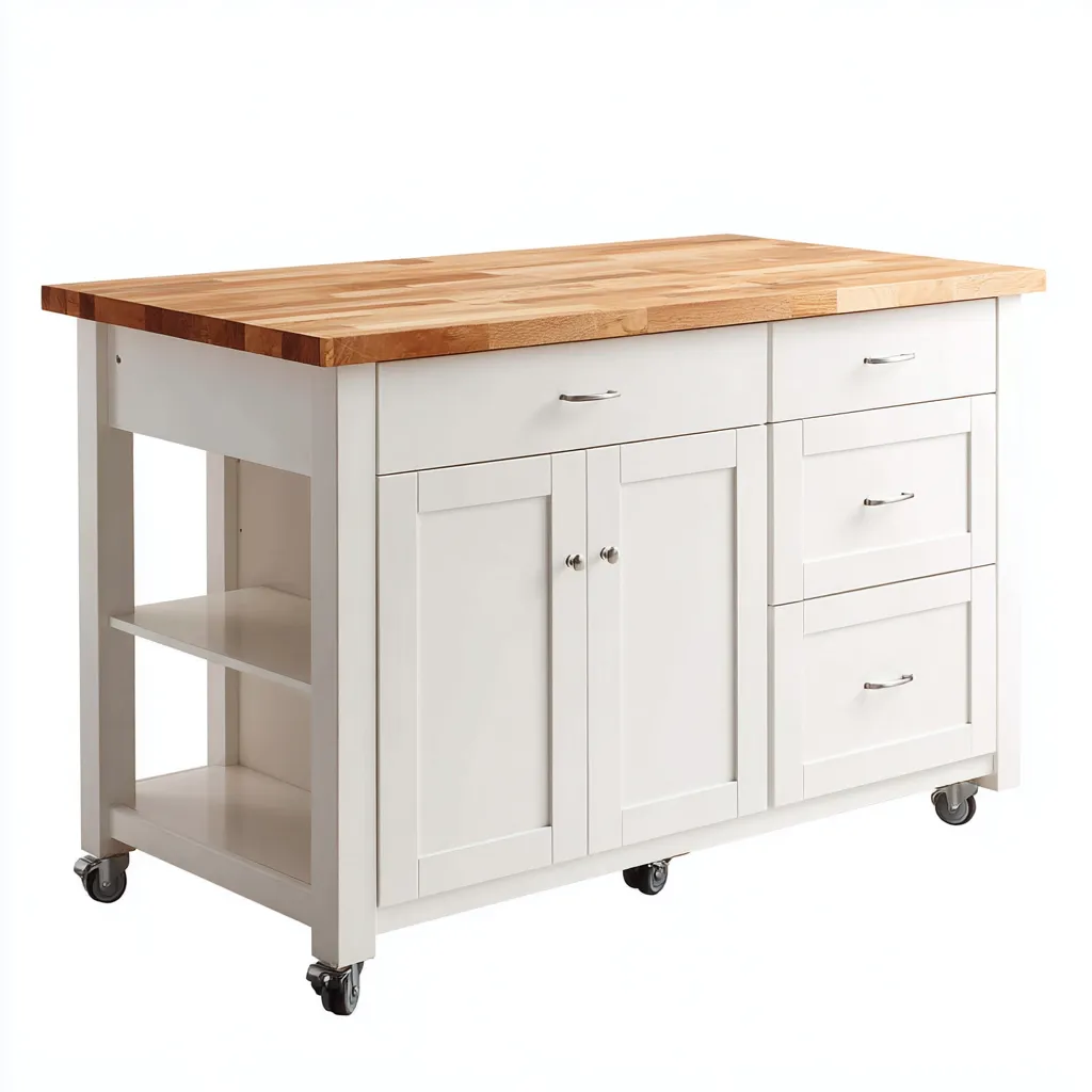 Îlot de cuisine-bois-métal-140x75x90 cm-Blanc-Bois naturel-Style fonctionnel-Nestupbase