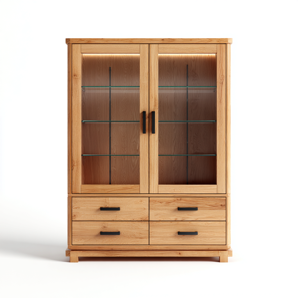 Vitrine-bois-verre-métal-100x45x182 cm-Chêne-Noir-Style contemporain-Nestupbase