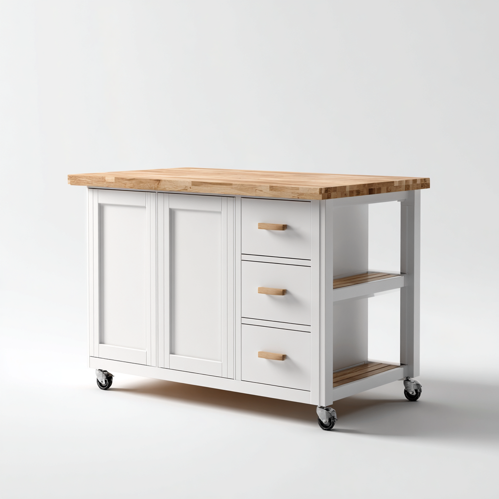 Îlot de cuisine-bois massif-120x60x90 cm-Blanc-Naturel-Design fonctionnel avec rangements ouverts-Nestupbase