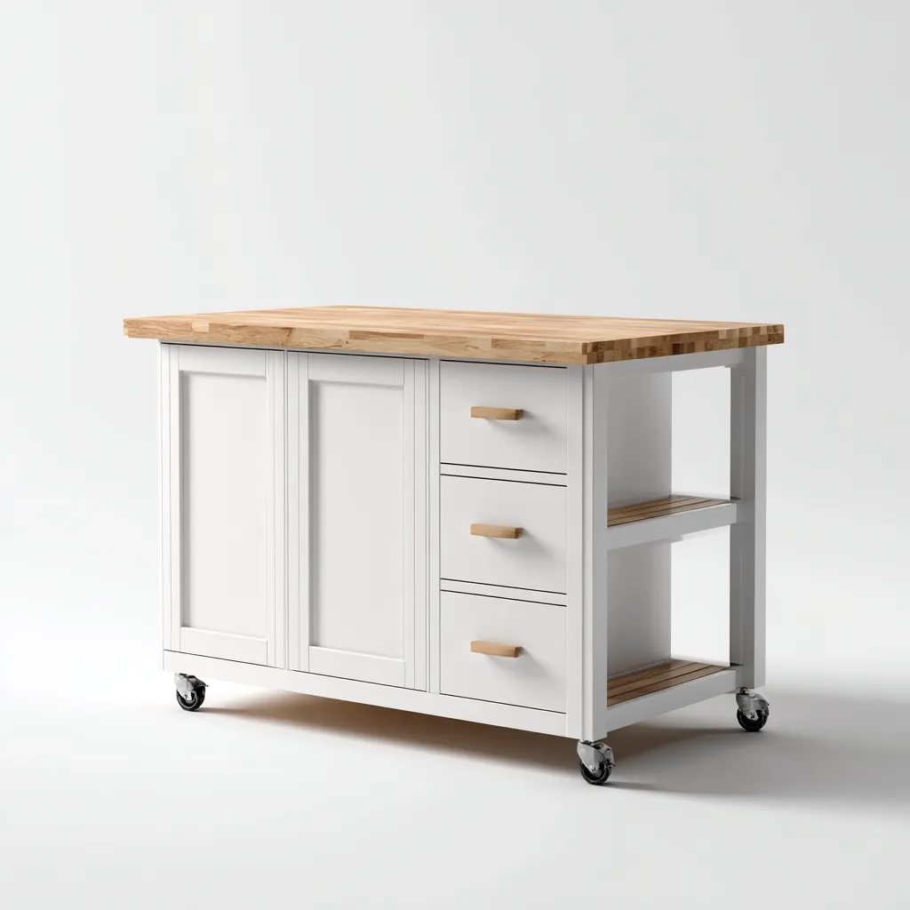 Îlot de cuisine-bois massif-120x60x90 cm-Blanc-Naturel-Design fonctionnel avec rangements ouverts-Nestupbase