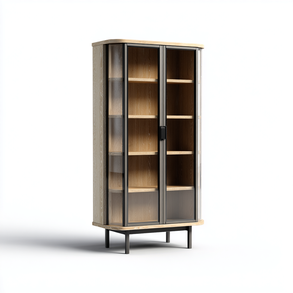 Vitrine-bois-métal-verre-92x40x174 cm-Bois clair-Noir-Style moderne-Nestupbase