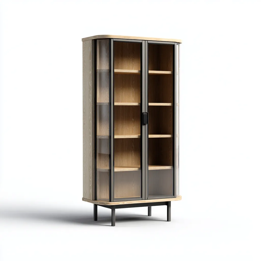 Vitrine-bois-métal-verre-92x40x174 cm-Bois clair-Noir-Style moderne-Nestupbase