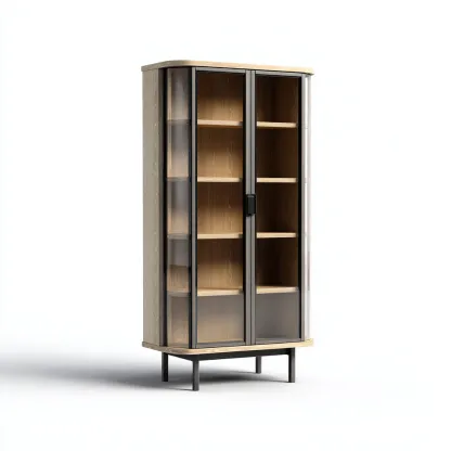 Vitrine-bois-métal-verre-92x40x174 cm-Bois clair-Noir-Style moderne-Nestupbase