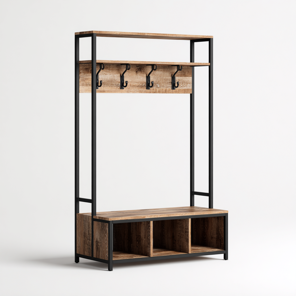 Porte manteau - métal-bois - 102x38x182 cm - noir-bois naturel - style industriel-Nestupbase