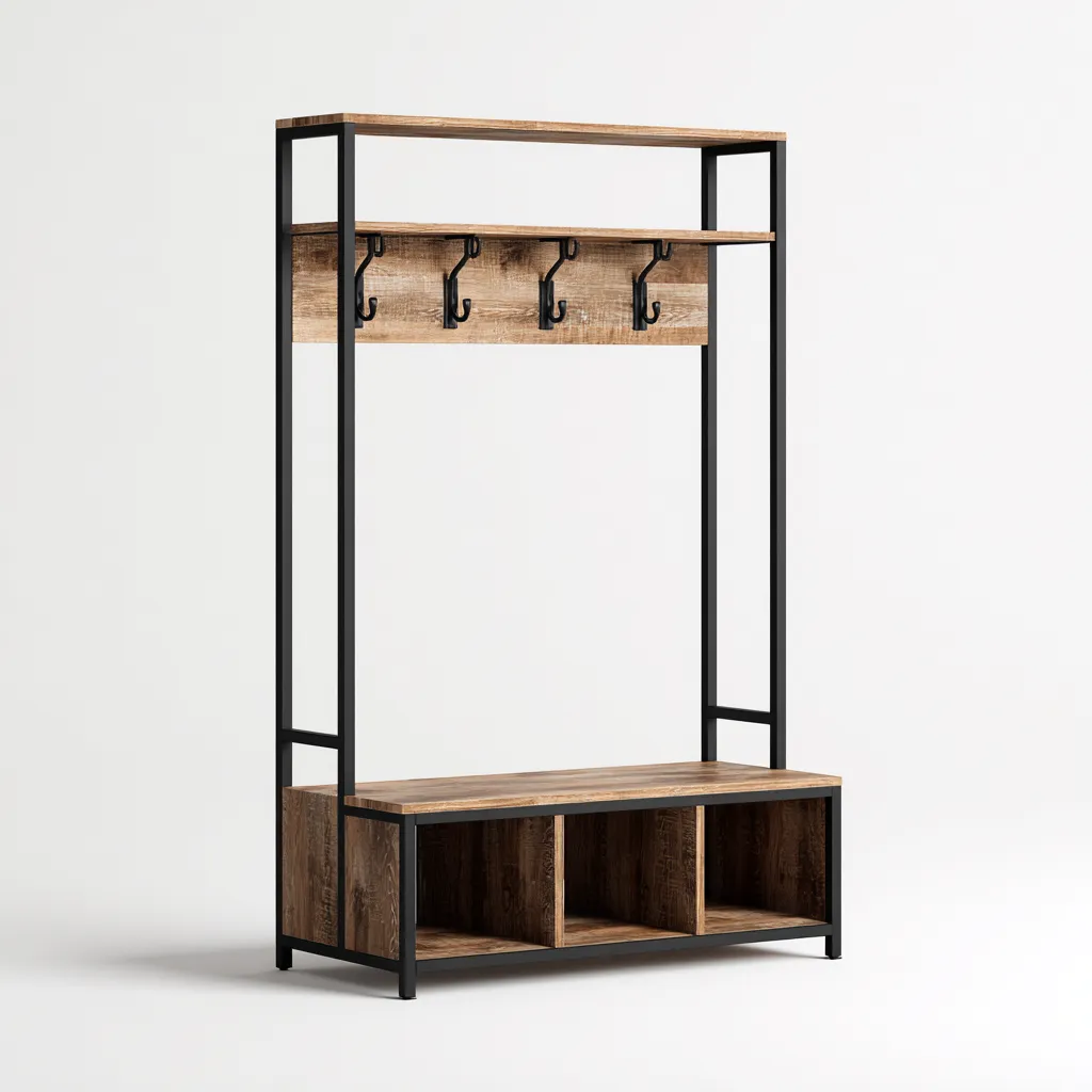 Porte manteau - métal-bois - 102x38x182 cm - noir-bois naturel - style industriel-Nestupbase