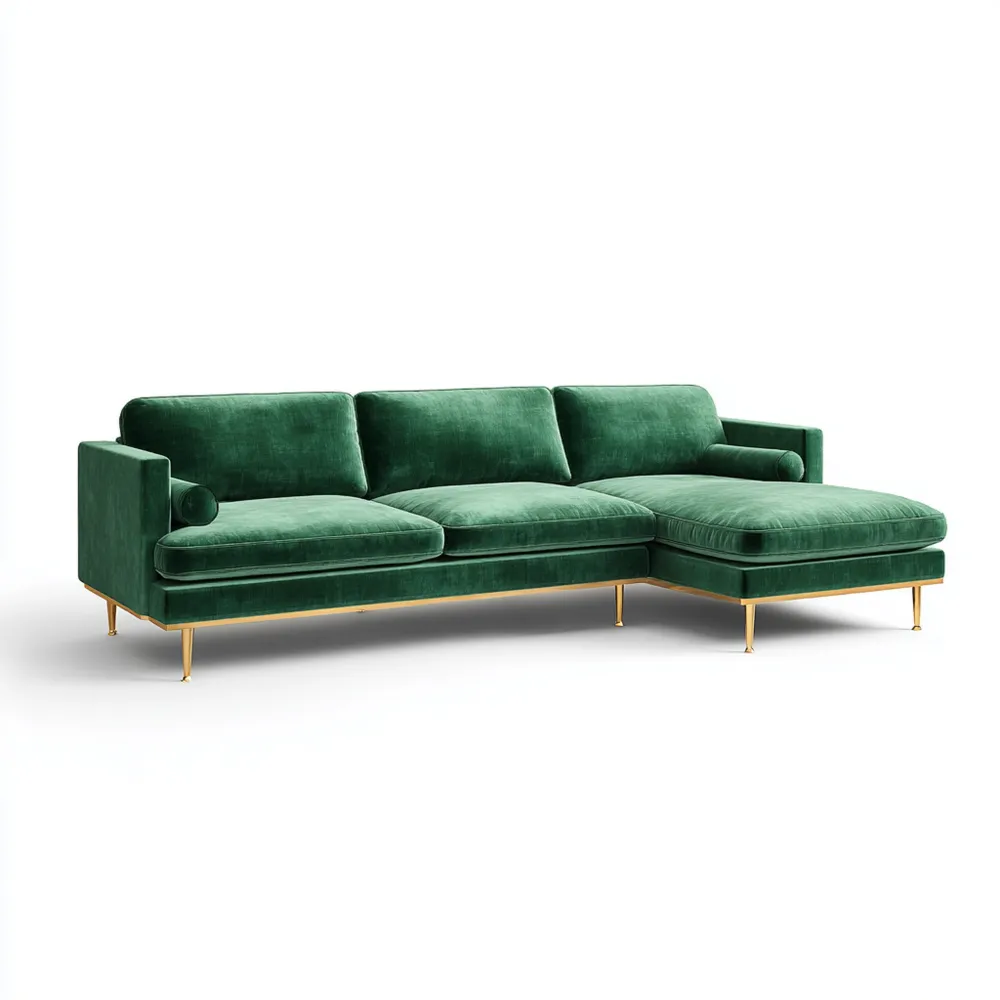 Divano angolare in velluto 270x150x85 cm - Verde Smeraldo - Design moderno