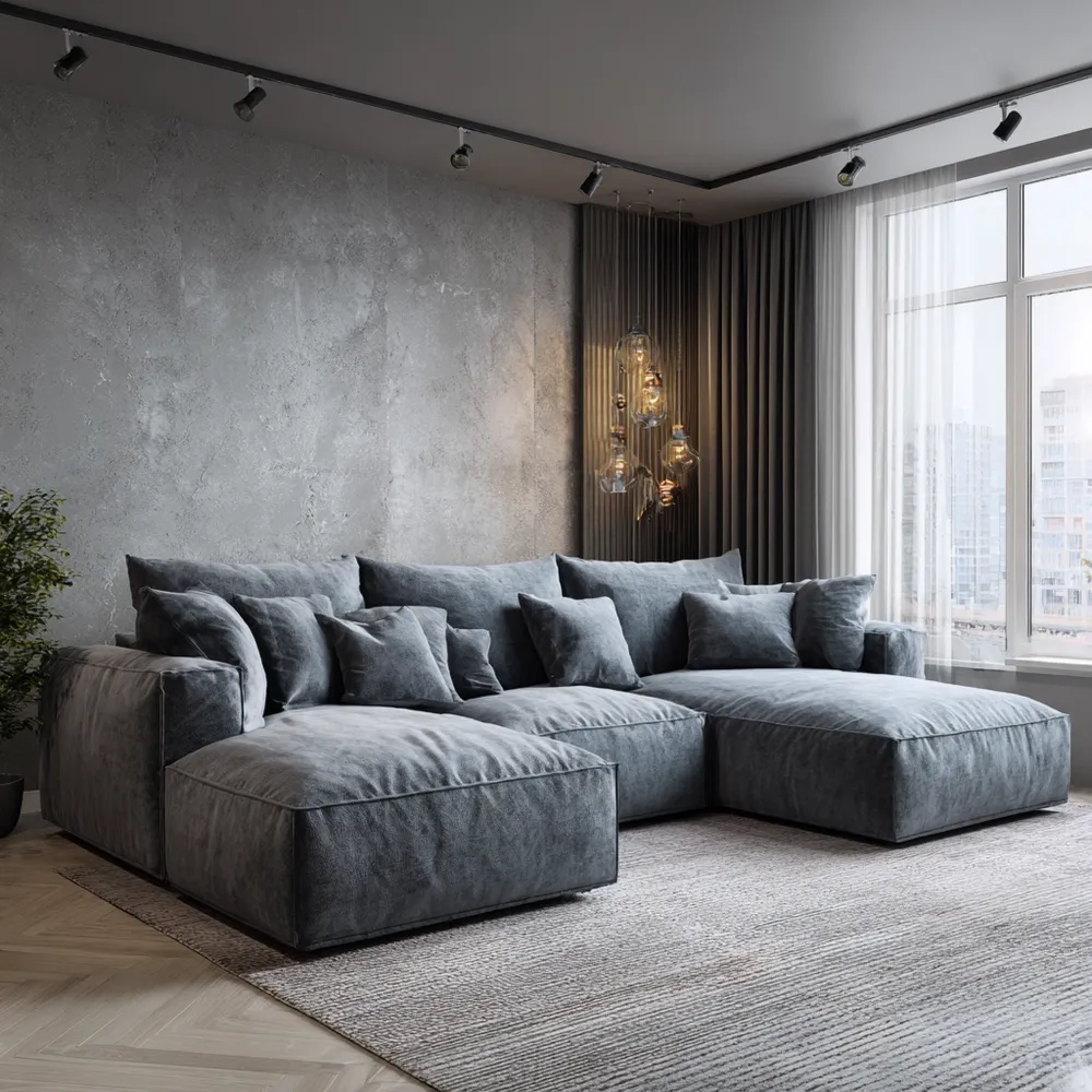 Divano angolare moderno in tessuto 300x220x80 cm - Grigio scuro - Design contemporaneo