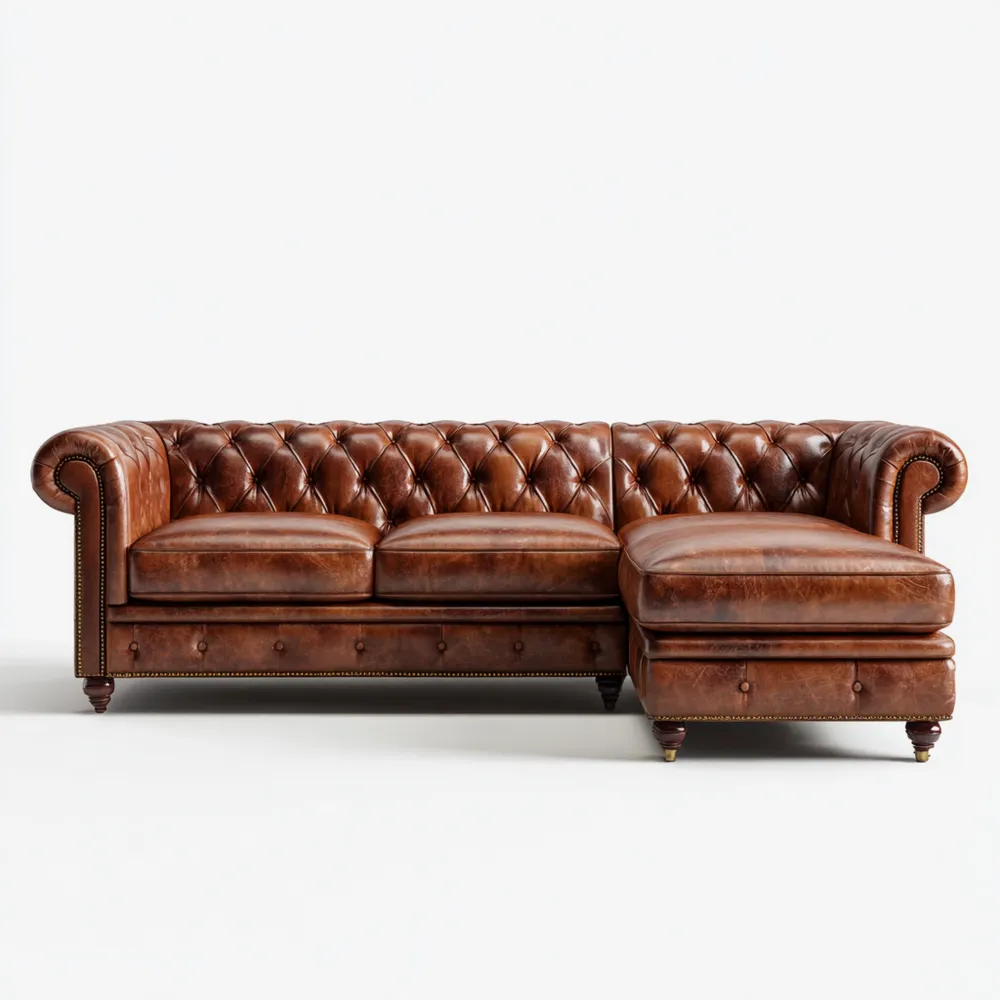 Divano angolare in pelle 250x85x100 cm - Marrone - Stile classico