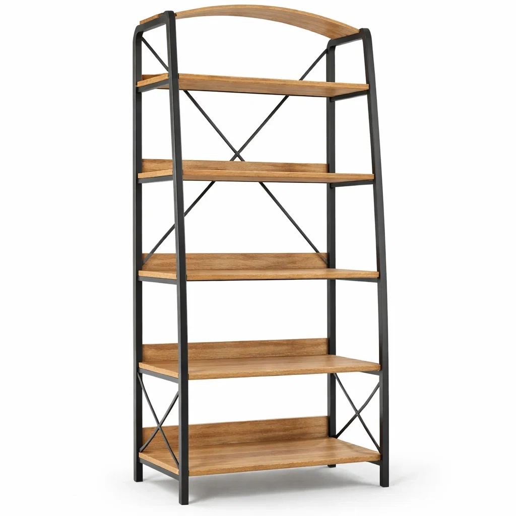 Etagere Industrielle Bois et Metal Noir 5 Niveaux-FableFurni