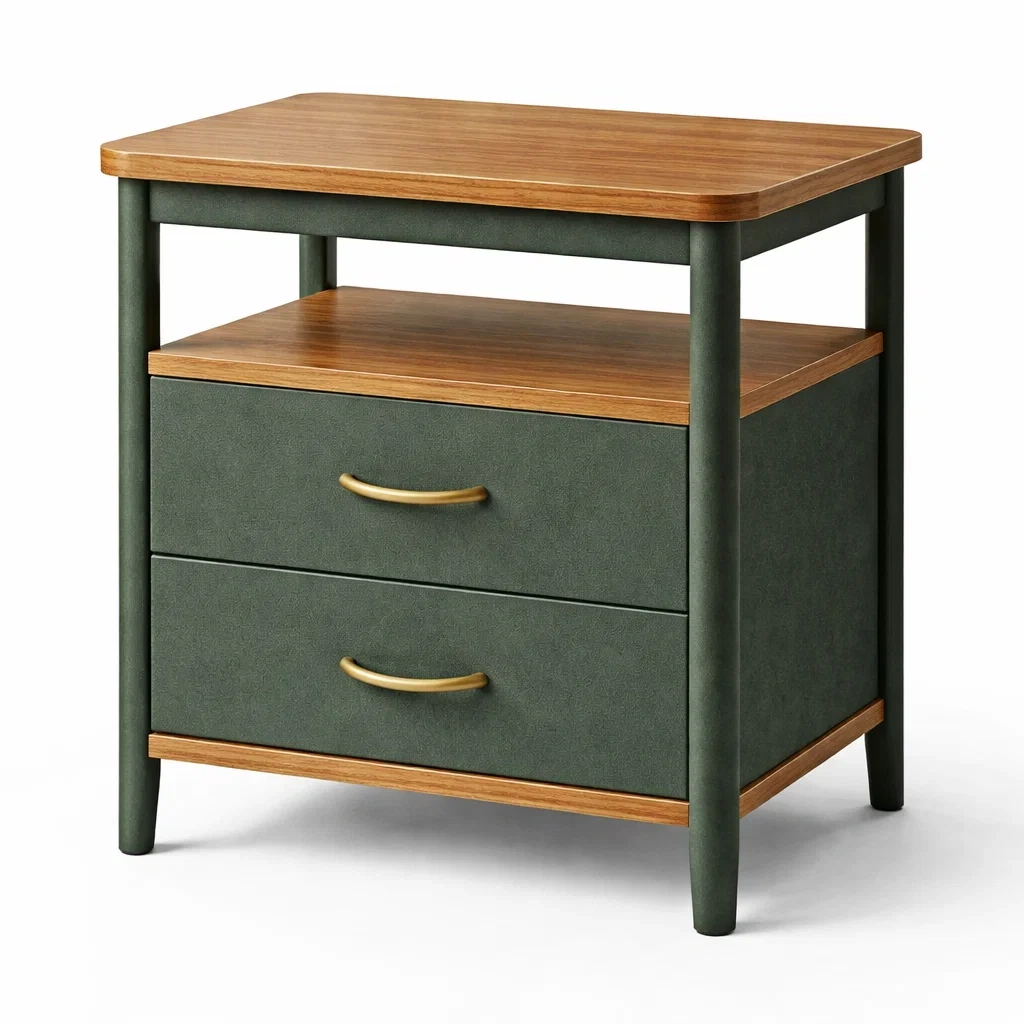 Table de Chevet Moderne Bois Marron Vert Deux Tiroirs-FableFurni