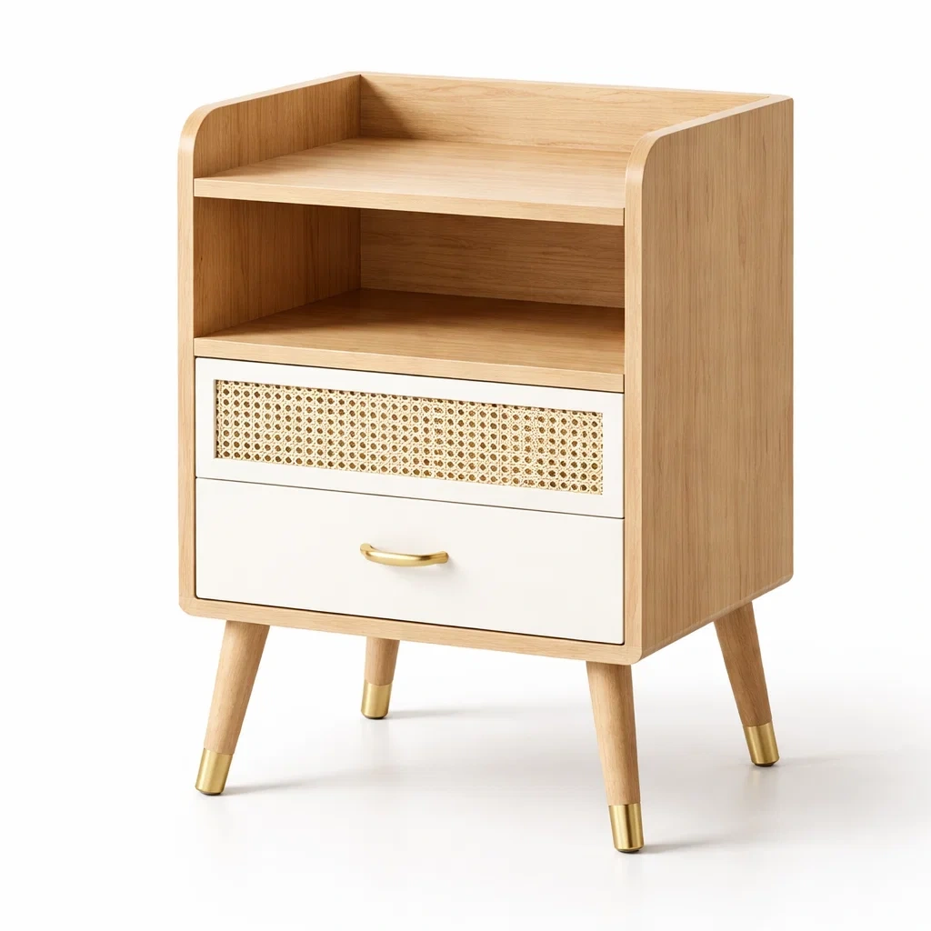 Table de Chevet Scandinave Bois Beige Tiroir Cannage-FableFurni