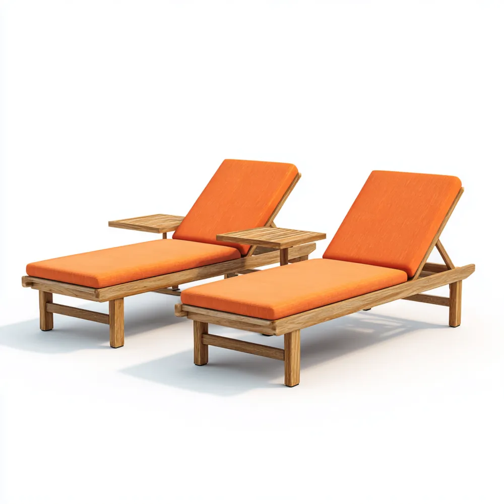Chaise longue de jardin en bois de teck 200x75x35 cm - Coussin Orange - Design moderne