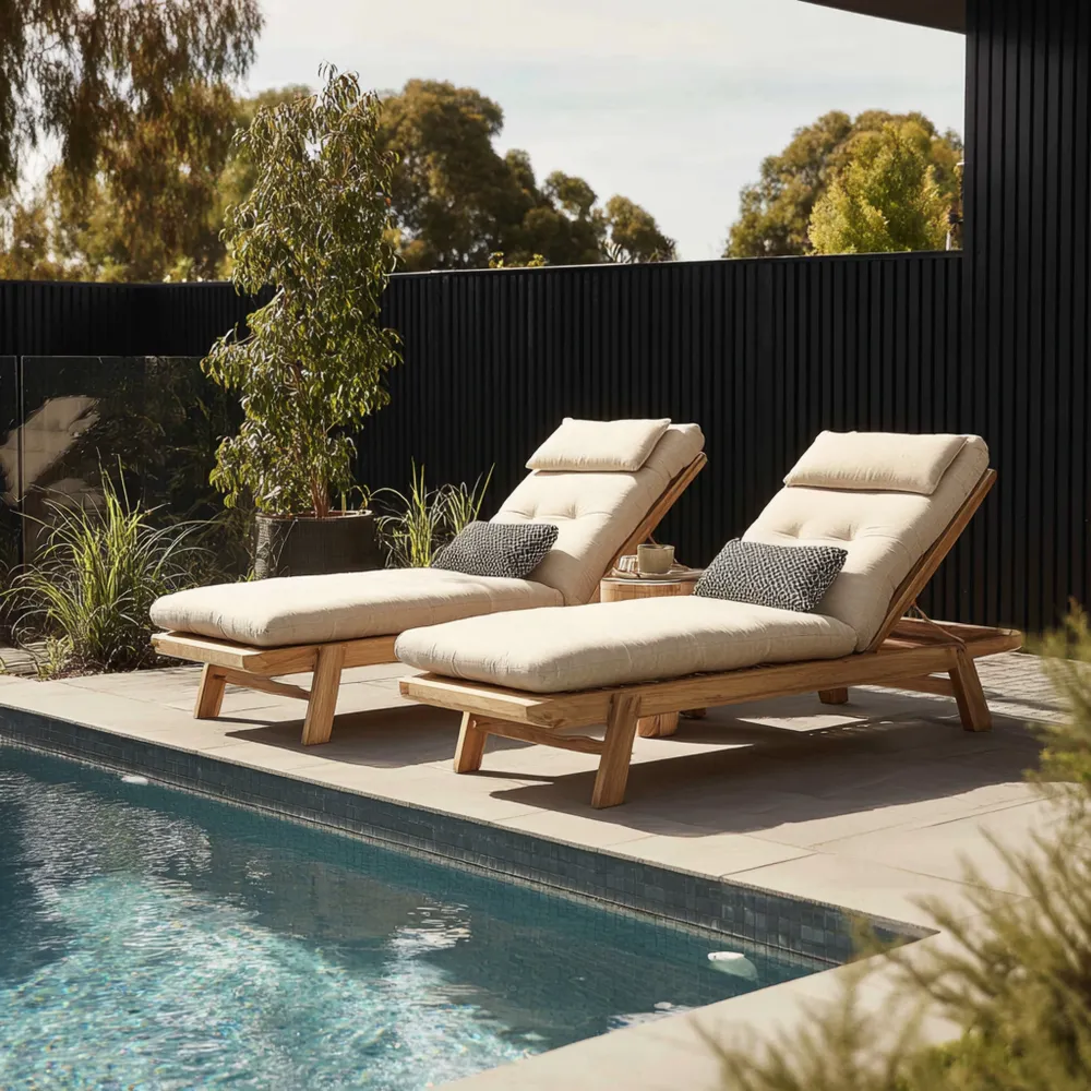 Chaise longue de jardin en bois avec coussins confortables - 200x70x30 cm - Beige - Design moderne