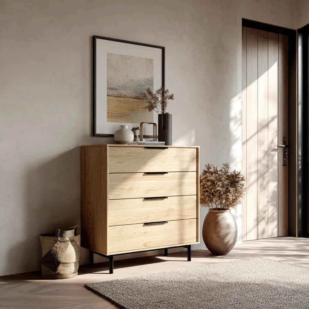 Commode en bois massif 90x45x110 cm - Chêne Clair - Design Contemporain