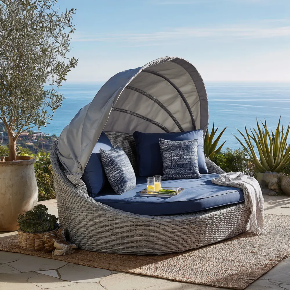 Lit de jardin en rotin synthétique avec auvent et coussins Gris/Bleu - 180x180x145 cm - Design contemporain