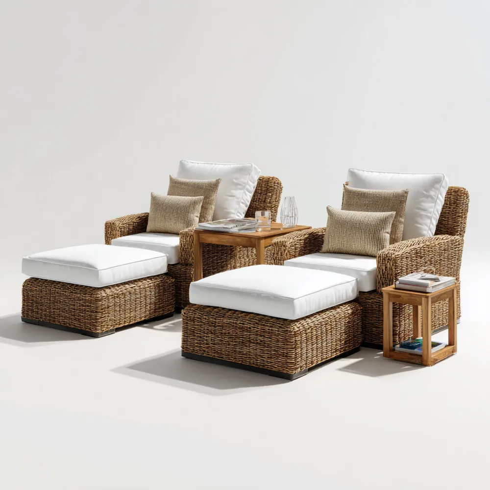 Chaise longue de jardin en rotin 80x75x95 cm avec coussins Blanc/Marron - ensemble de détente extérieur