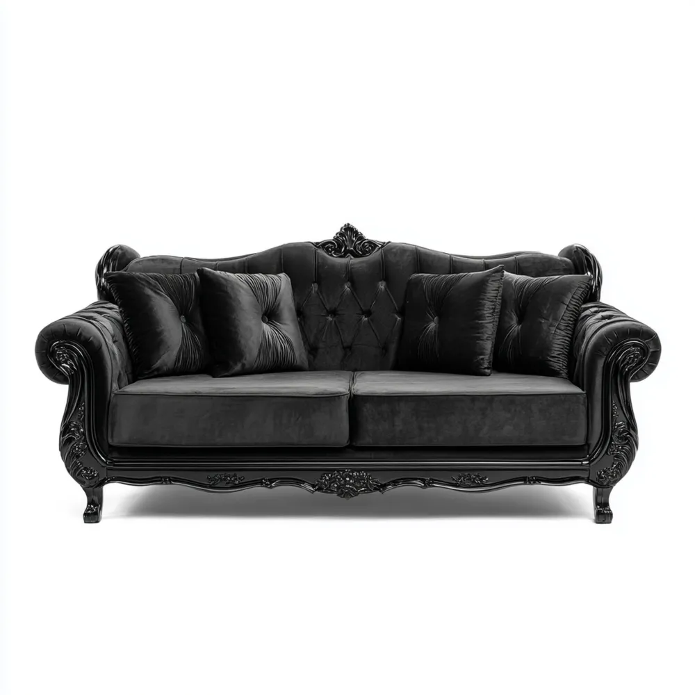 Canapé 2 places Velours 180x90x75 cm – Noir – Design Baroque