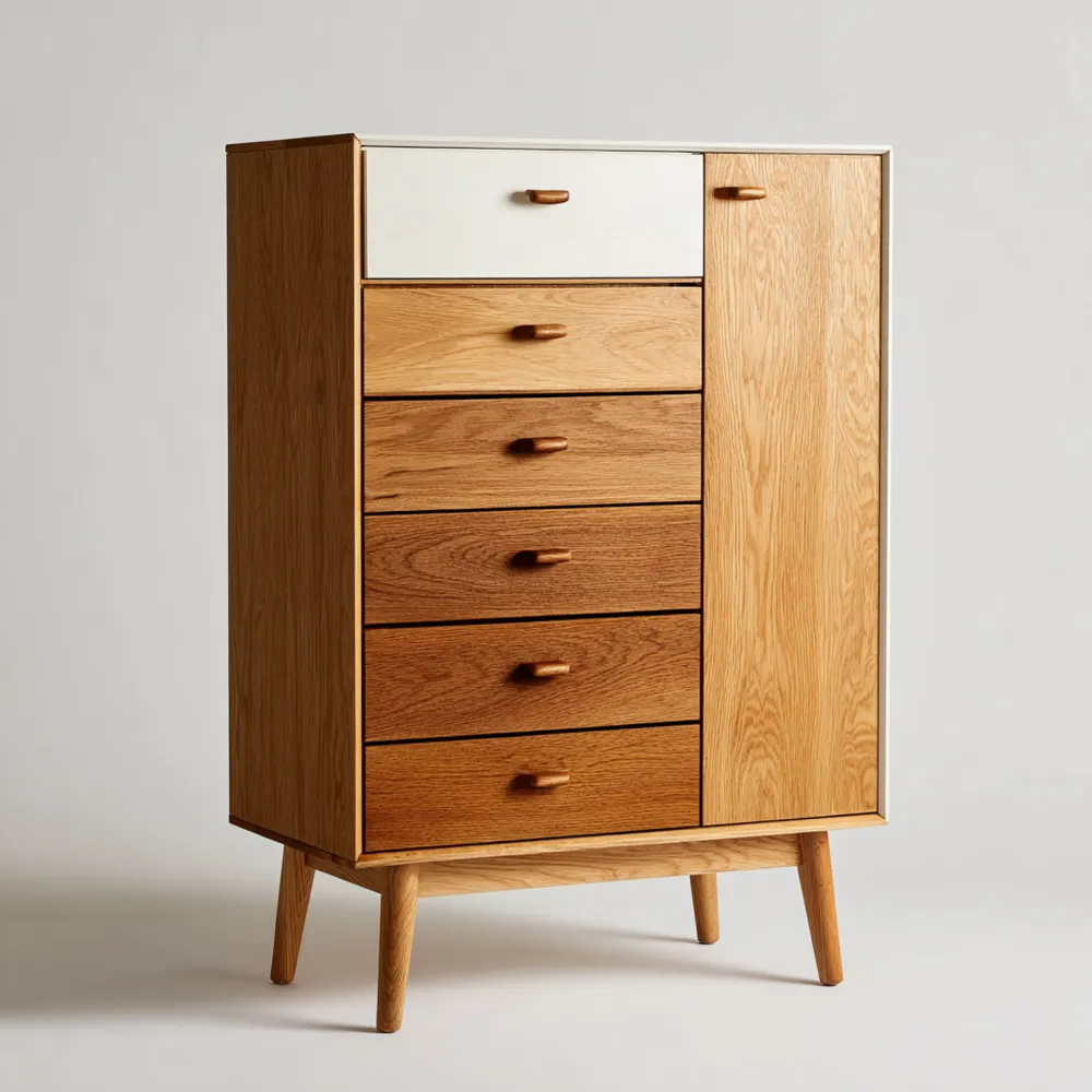 Meuble de rangement en bois avec tiroirs et porte – 100x40x120 cm – Bois naturel/Blanc – Design scandinave