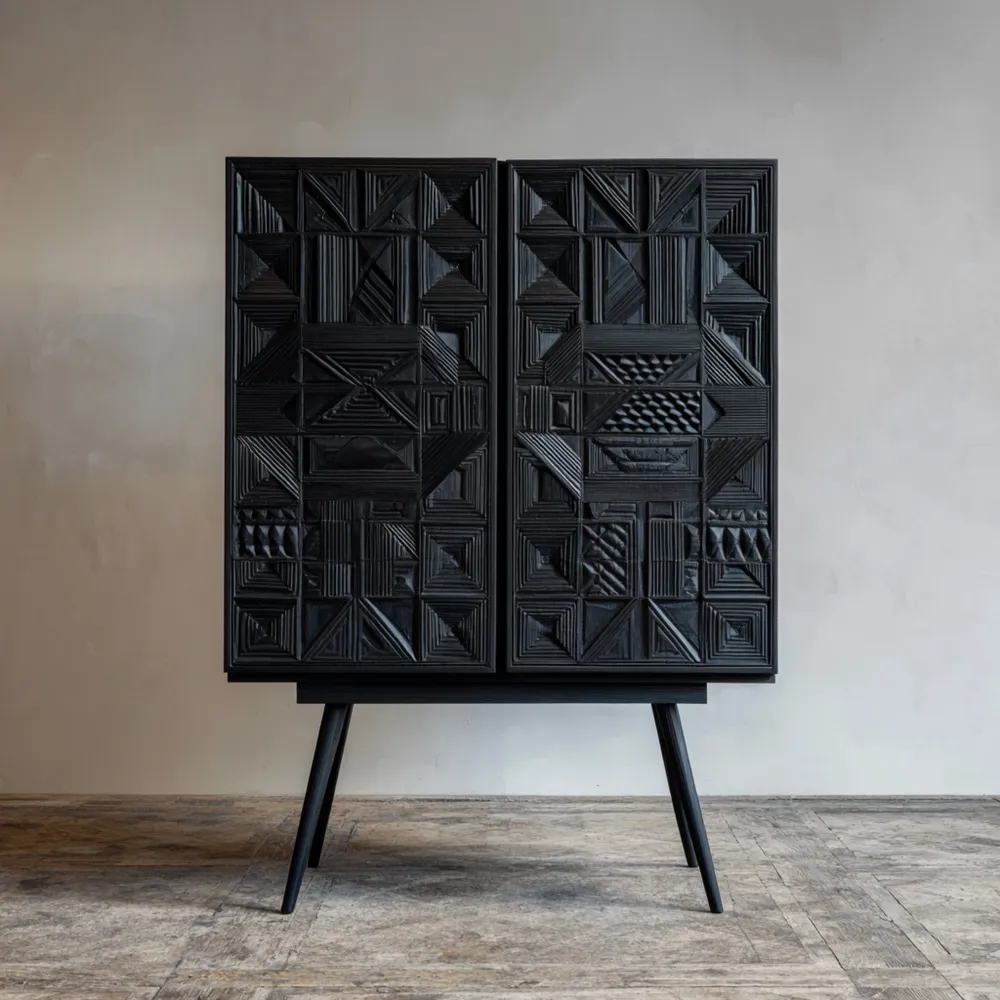 Armoire de Rangement 150x80x40 cm Bois Noir Sculpté Design Contemporain