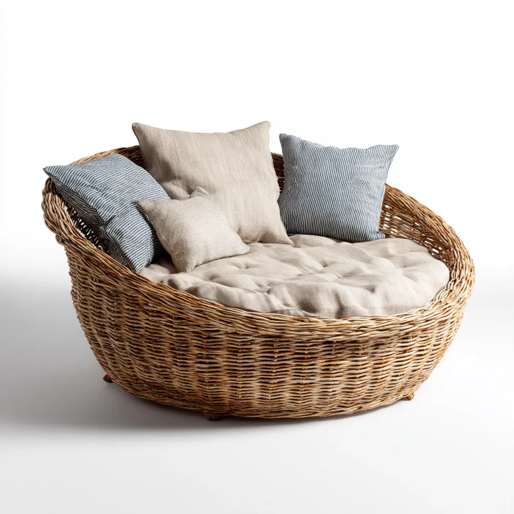 Chaise longue de jardin en osier avec coussin intégré 120x100x85 cm Beige/Marron clair - Design contemporain