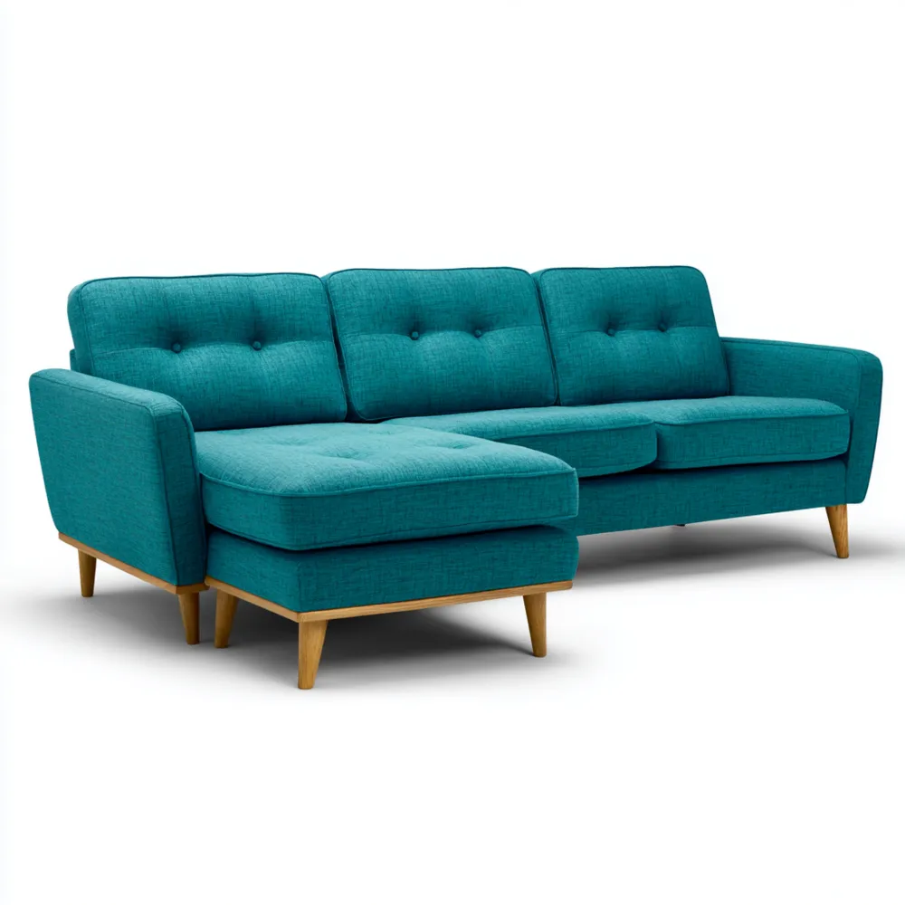 Divano angolare in tessuto 250x150x85 cm – Blu Turchese – Stile moderno