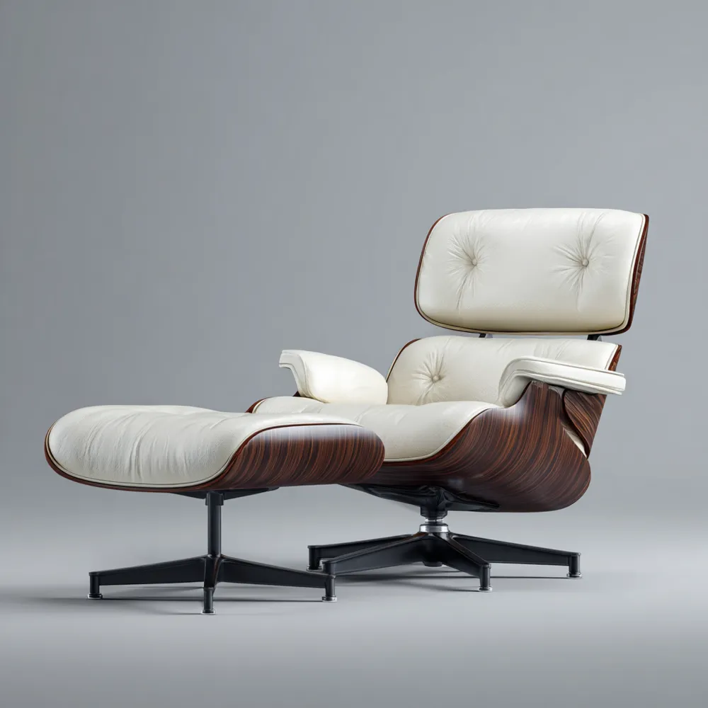 Poltrona relax con poggiapiedi 84x84x84 cm - Pelle Bianco e Legno Marrone - Design Moderno