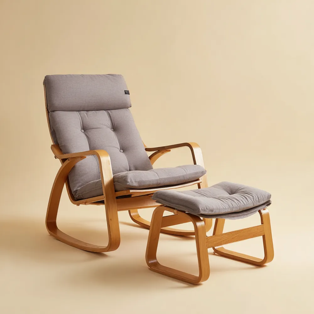 Poltrona relax con poggiapiedi in legno massello 85x55x100 cm – Grigio