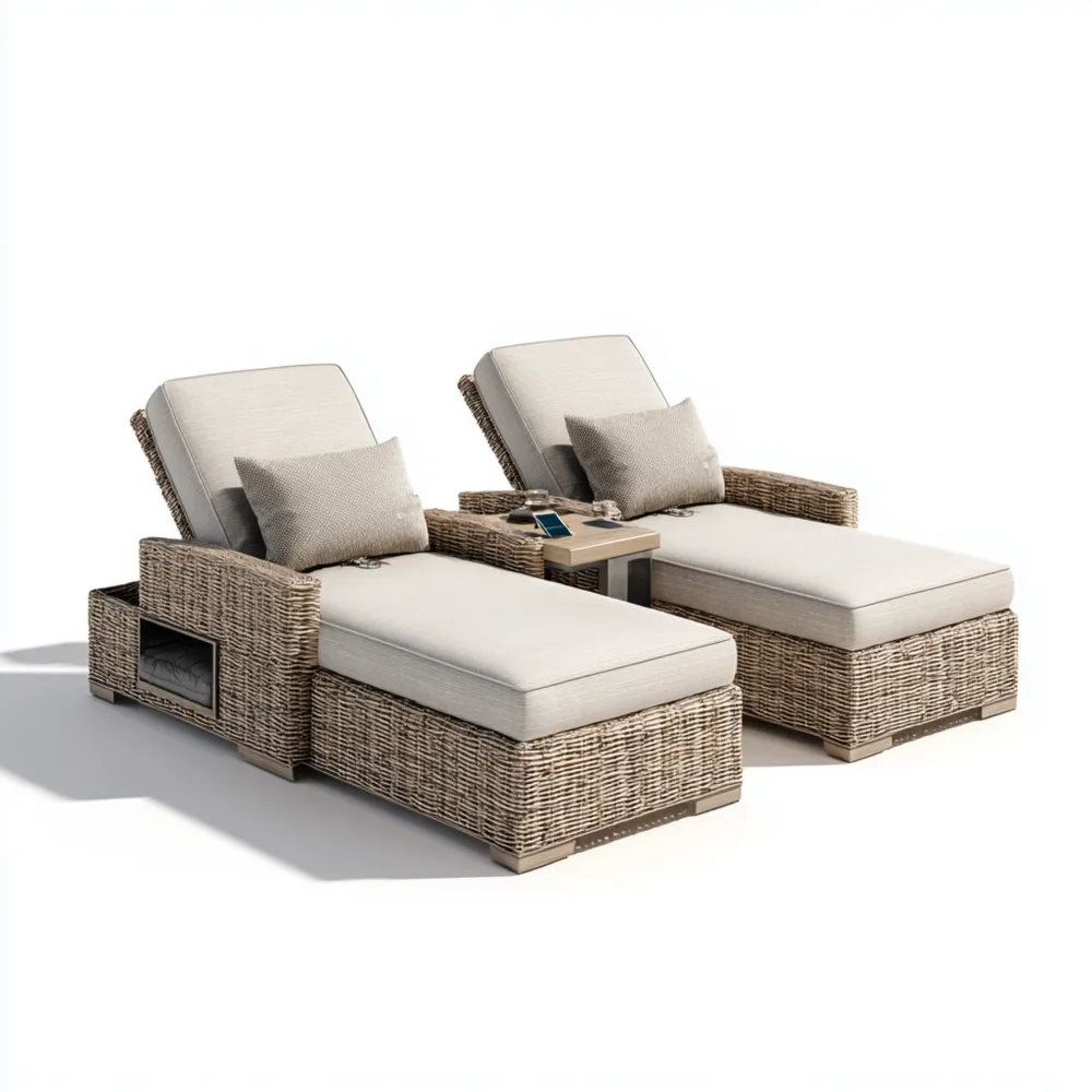 Set di Lettini Prendisole in Rattan Sintetico - 200x75x35 cm - Beige - Design Moderno