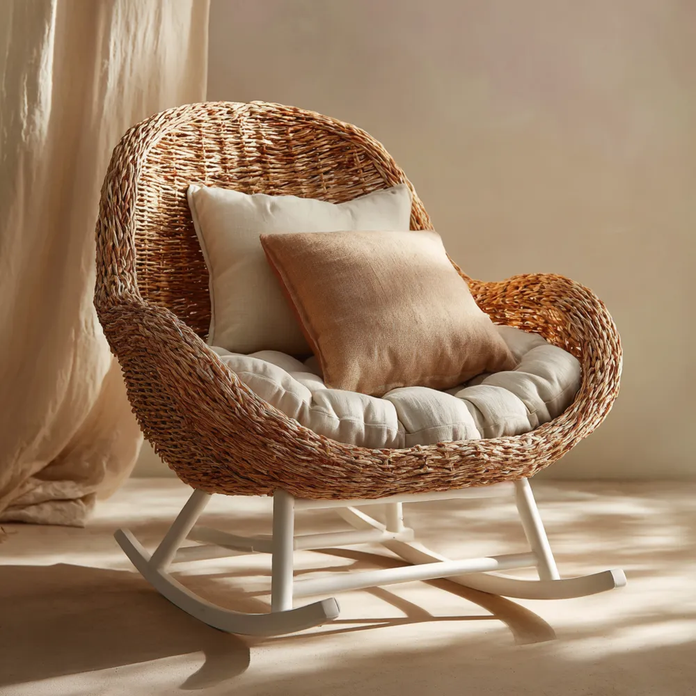 Sedia a dondolo in rattan intrecciato 70x90x95 cm cuscino imbottito - Crema - Design accogliente